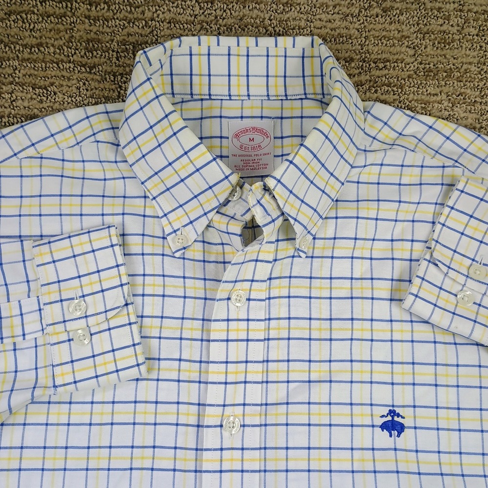 Brooks Brothers Button Down Shirt Mens Medium White Blue Yellow Check Preppy